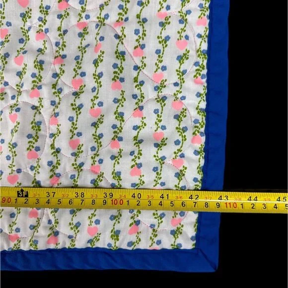 Vintage Handmade Baby Quilt Throw Blanket Pink Blue Hearts Floral Cottage 43x43 - Picture 8 of 8